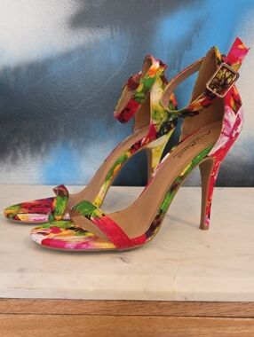 Anne Michelle Multicolor Floral High Heel Sandals - Pink Green Yellow